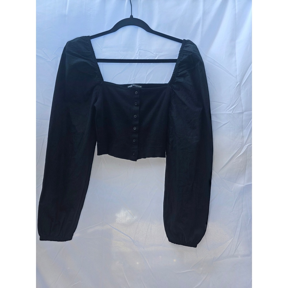 Zara Womens Black Ribbed Knit Puff Sleeve Crop Top Square Neck Button Front S